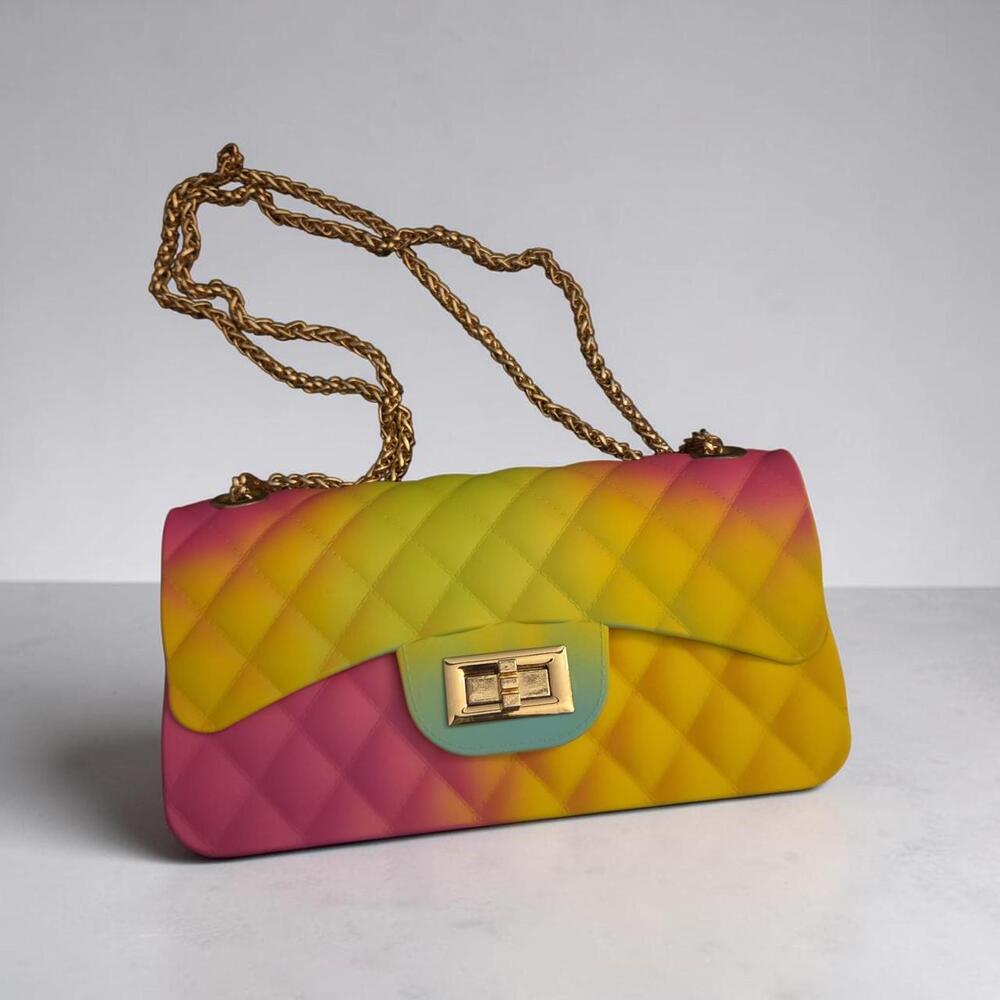 Quilted gradient rainbow handbag with pink, yellow, and teal colors #rainbow #gr
